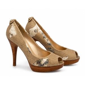 Stuart Weitzman Peep Toe Pumps Womens 8M Gold Woven Wood Platform Good Condition